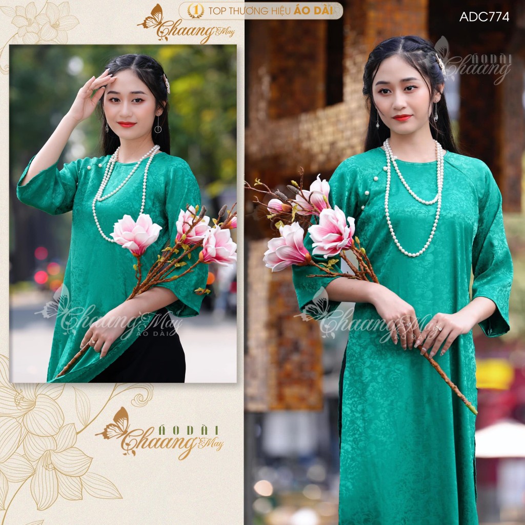 Áo dài cách tân nữ Gấm tơ cúc ngọc dáng suông xưa Chaang may sẵn áo dài xuông rộng bầu dự tiệc cưới lễ Tết đẹp ADC774