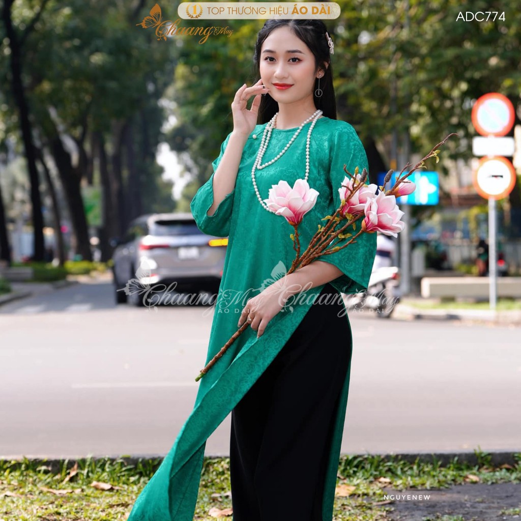 Áo dài cách tân nữ Gấm tơ cúc ngọc dáng suông xưa Chaang may sẵn áo dài xuông rộng bầu dự tiệc cưới lễ Tết đẹp ADC774