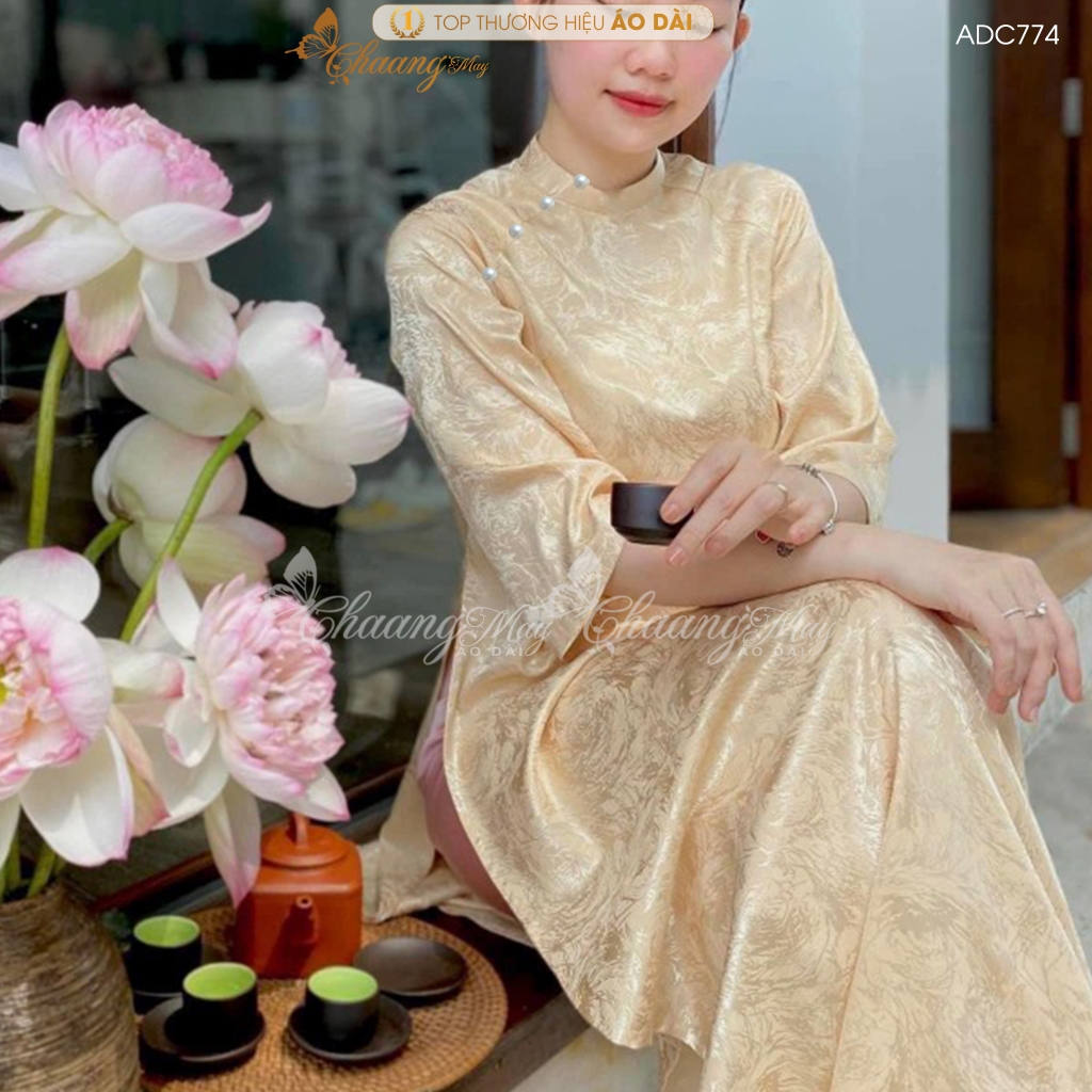 Áo dài cách tân nữ Gấm tơ cúc ngọc dáng suông xưa Chaang may sẵn áo dài xuông rộng bầu dự tiệc cưới lễ Tết đẹp ADC774