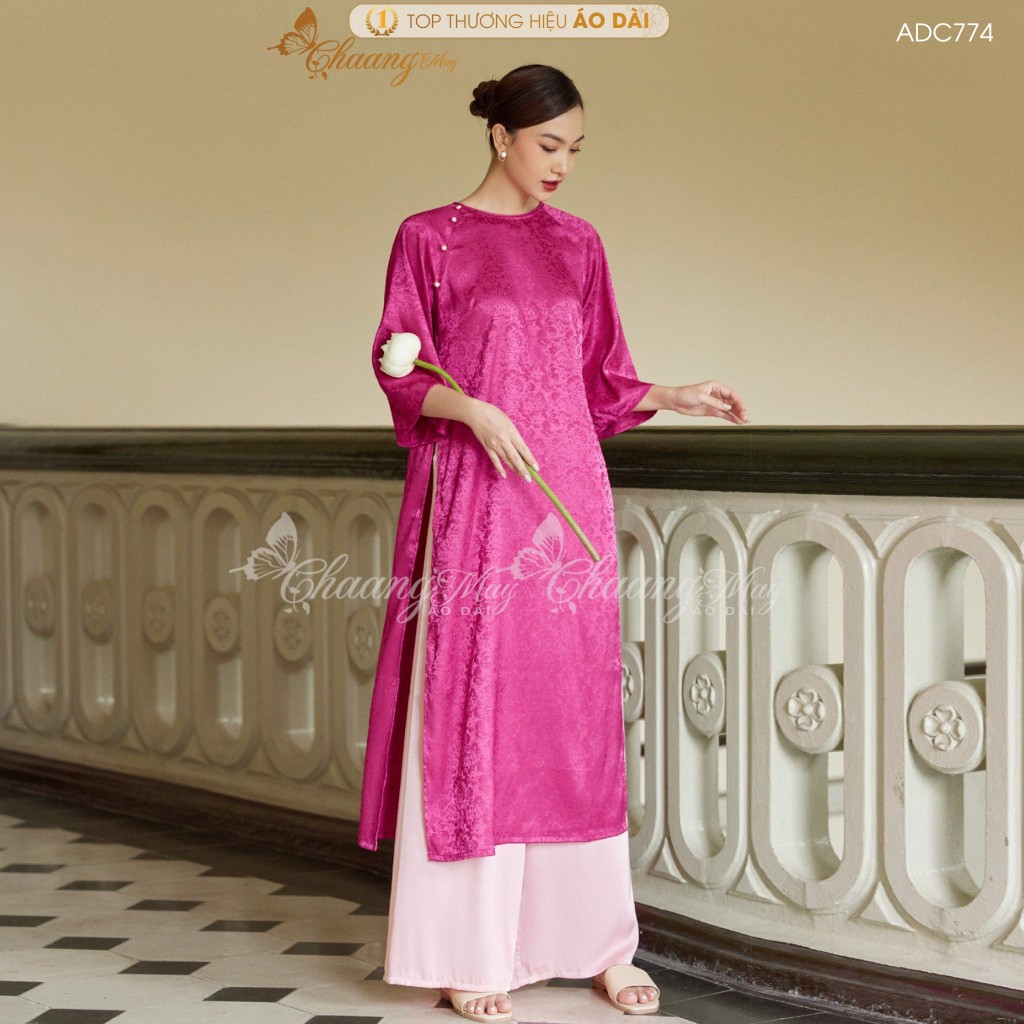 Áo dài cách tân nữ Gấm tơ cúc ngọc dáng suông xưa Chaang may sẵn áo dài xuông rộng bầu dự tiệc cưới lễ Tết đẹp ADC774