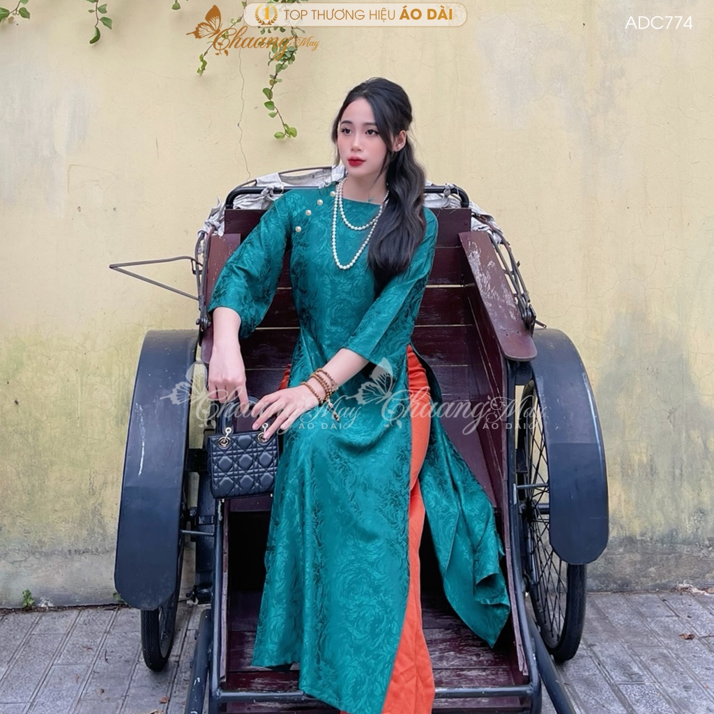 Áo dài cách tân nữ Gấm tơ cúc ngọc dáng suông xưa Chaang may sẵn áo dài xuông rộng bầu dự tiệc cưới lễ Tết đẹp ADC774