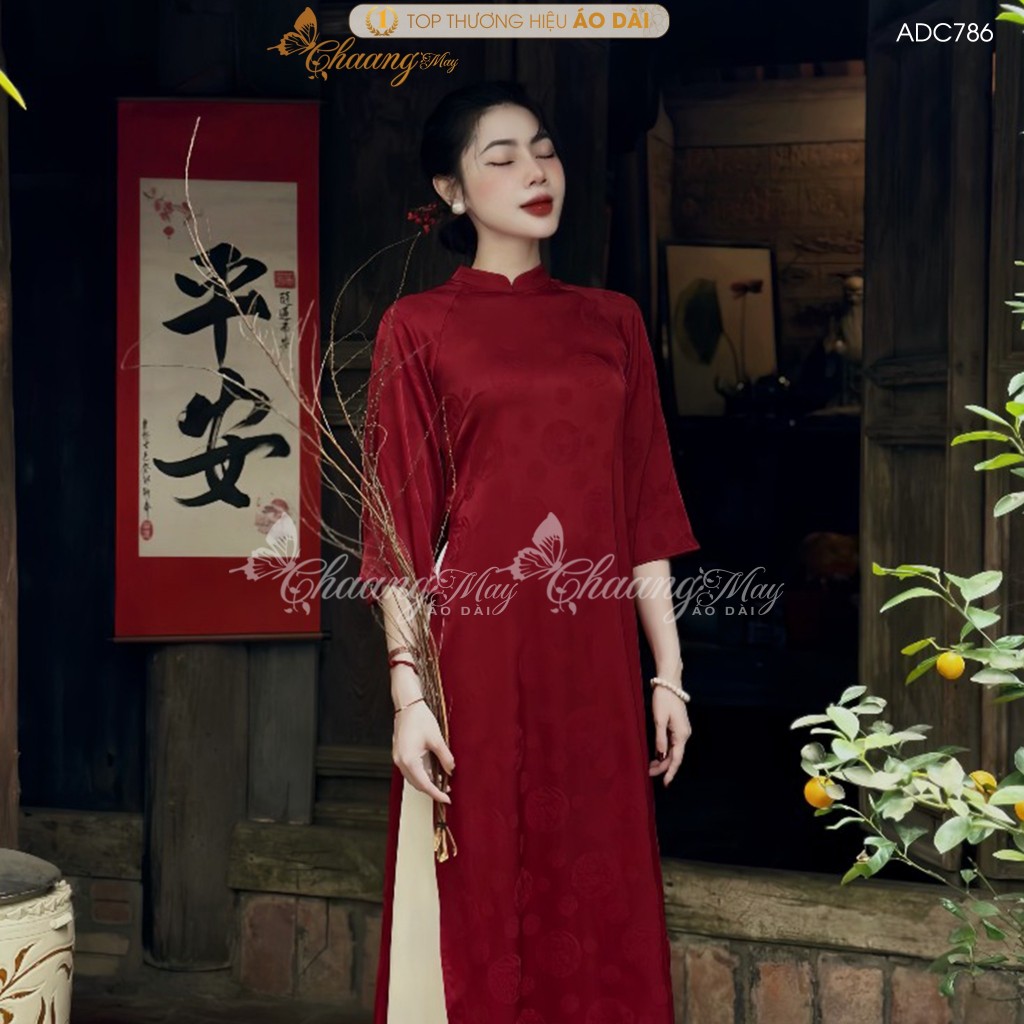 Áo dài Bích Lý cách tân nữ gấm tơ chữ thọ dáng suông xưa Chaang may sẵn áo dài xuông bầu dự tiệc cưới lễ Tết đẹp ADC786