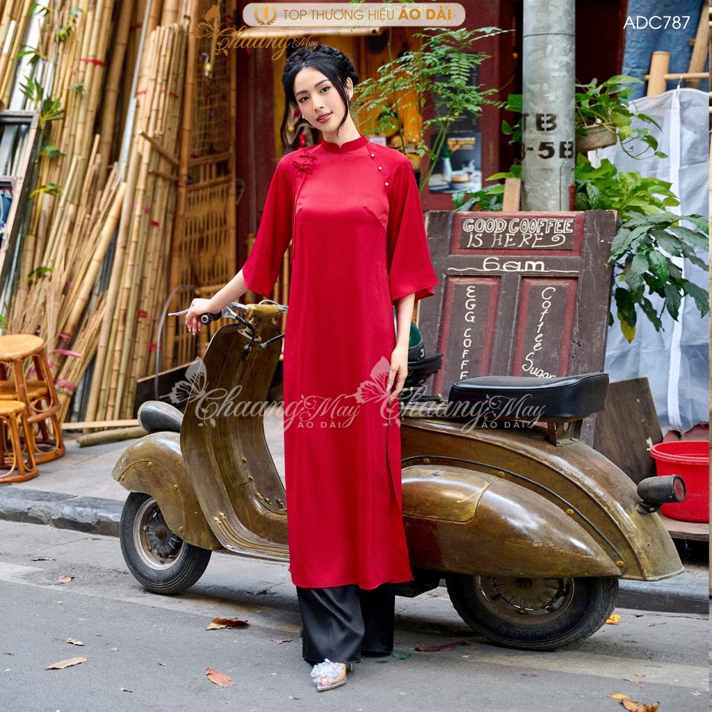 Áo dài cách tân nữ Lụa dáng suông xưa đính nơ ngọc Chaang may sẵn áo dài xuông bầu rộng dự tiệc cưới lễ tết đẹp ADC787