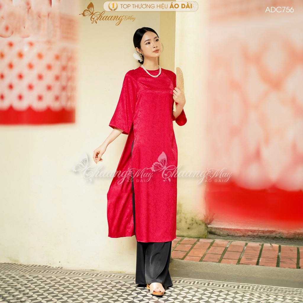Áo dài dáng suông xưa cách tân nữ gấm đỏ đô cổ tròn Chaang may sẵn áo dài xuông bầu dự tiệc cưới hỏi lễ tết đẹp ADC756