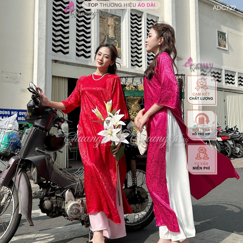 Áo dài dáng suông xưa cách tân nữ gấm đỏ đô cổ tròn Chaang may sẵn áo dài xuông bầu dự tiệc cưới hỏi lễ tết đẹp ADC756