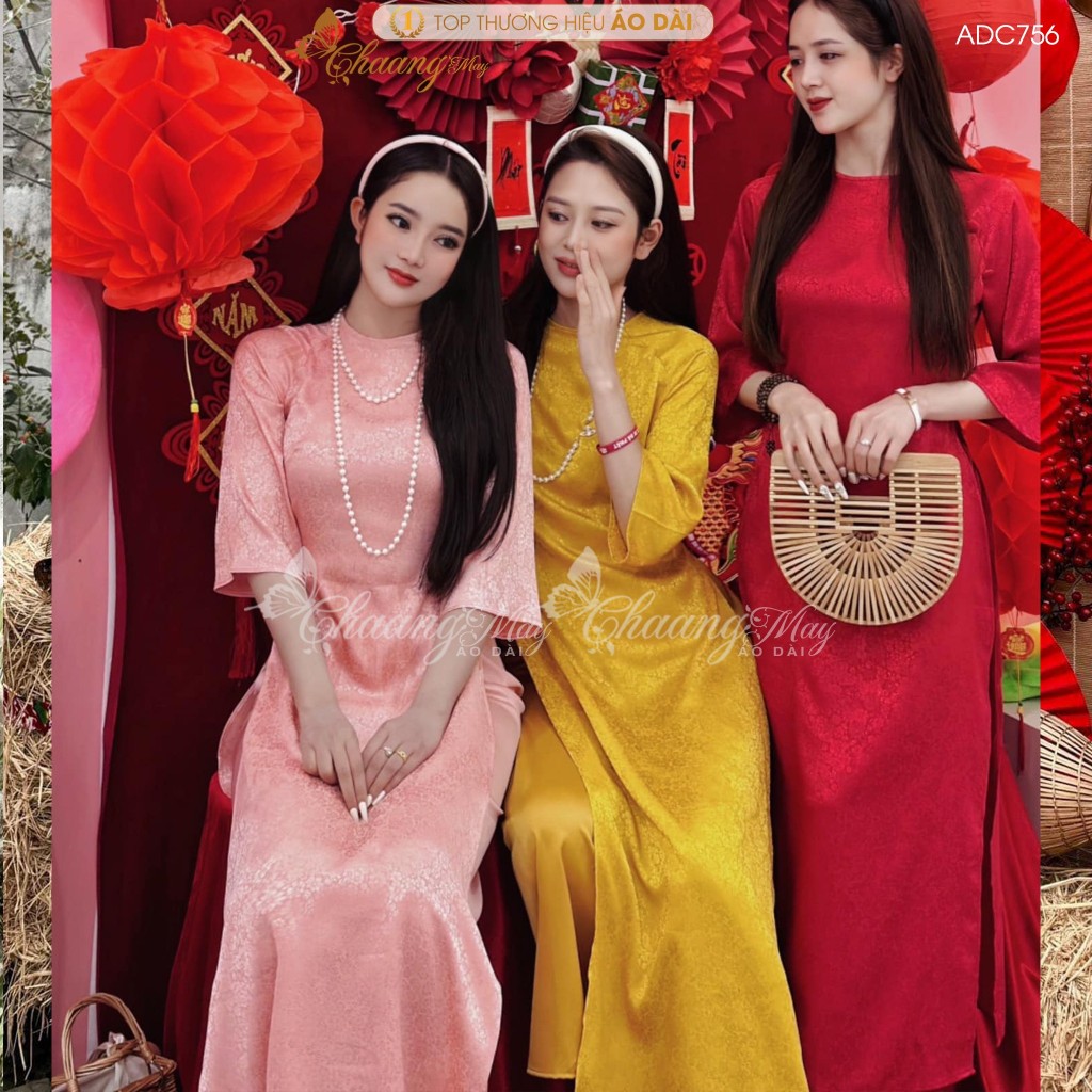 Áo dài dáng suông xưa cách tân nữ gấm đỏ đô cổ tròn Chaang may sẵn áo dài xuông bầu dự tiệc cưới hỏi lễ tết đẹp ADC756