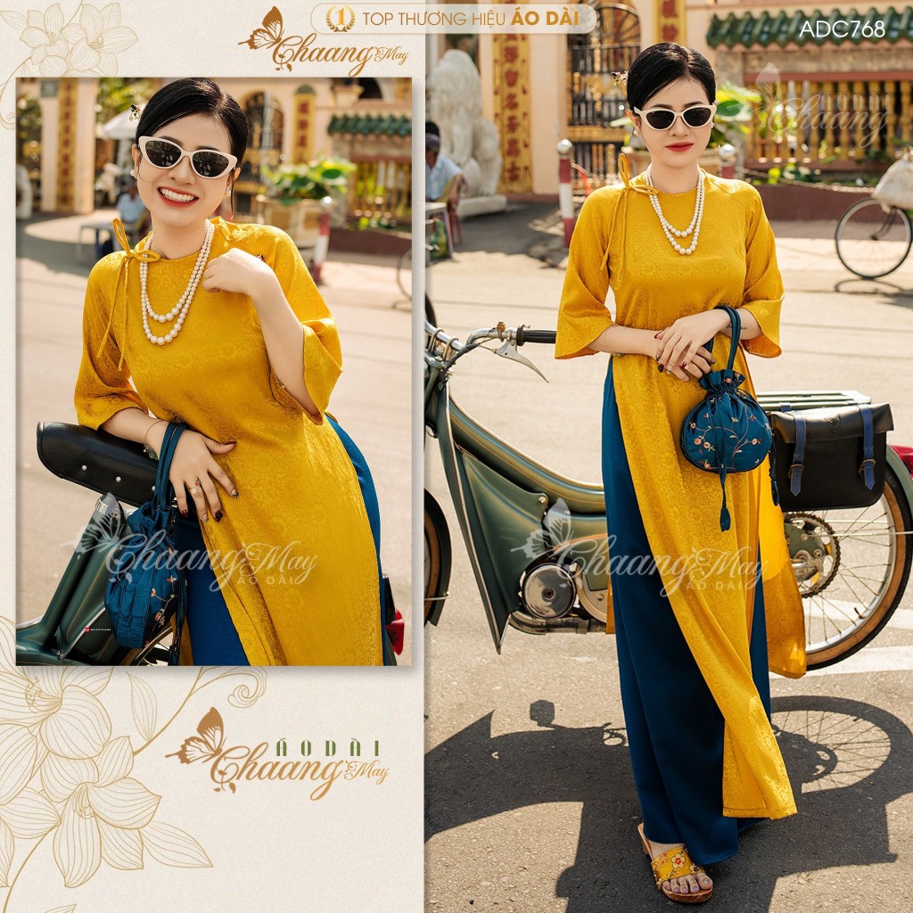 Áo dài cách tân nữ Gấm tơ nơ hoa Vàng dáng suông xưa Chaang may sẵn áo dài xuông bầu dự tiệc cưới hỏi lễ tết đẹp ADC768