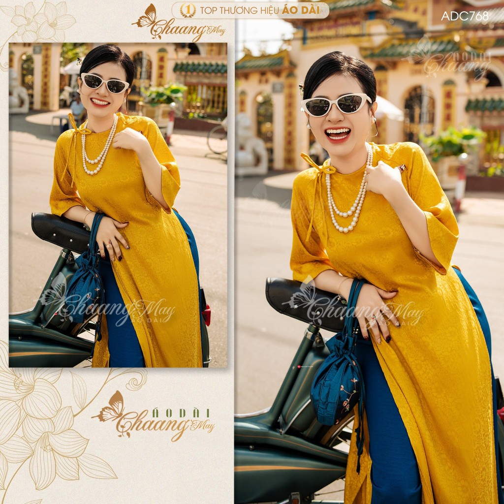 Áo dài cách tân nữ Gấm tơ nơ hoa Vàng dáng suông xưa Chaang may sẵn áo dài xuông bầu dự tiệc cưới hỏi lễ tết đẹp ADC768