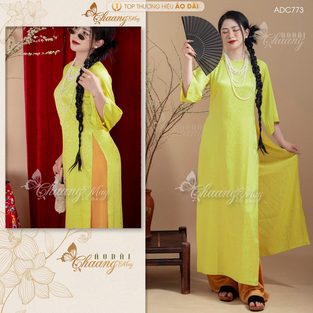 Áo dài cách tân nữ Gấm cúc vải xanh cốm dáng suông xưa Chaang may sẵn áo dài xuông bầu dự tiệc cưới lễ Tết đẹp ADC773
