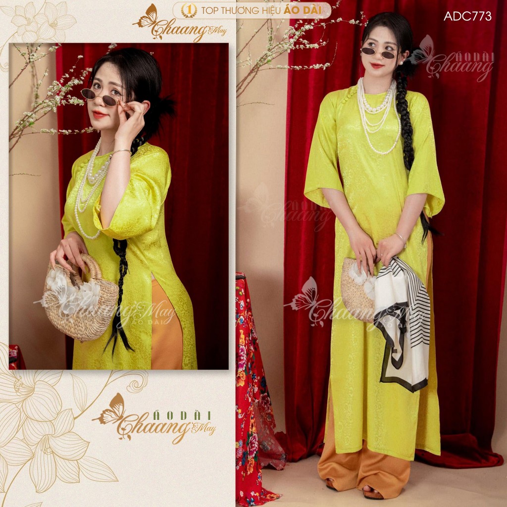 Áo dài cách tân nữ Gấm cúc vải xanh cốm dáng suông xưa Chaang may sẵn áo dài xuông bầu dự tiệc cưới lễ Tết đẹp ADC773