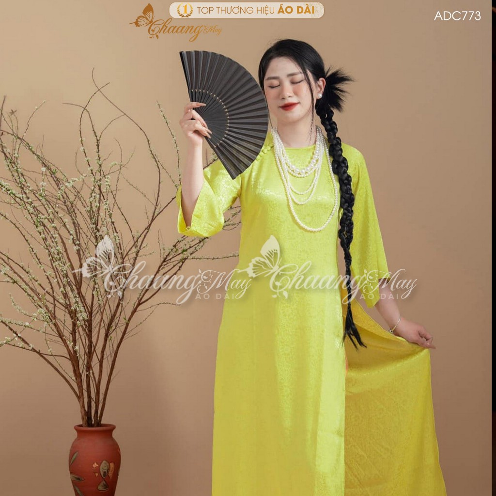 Áo dài cách tân nữ Gấm cúc vải xanh cốm dáng suông xưa Chaang may sẵn áo dài xuông bầu dự tiệc cưới lễ Tết đẹp ADC773