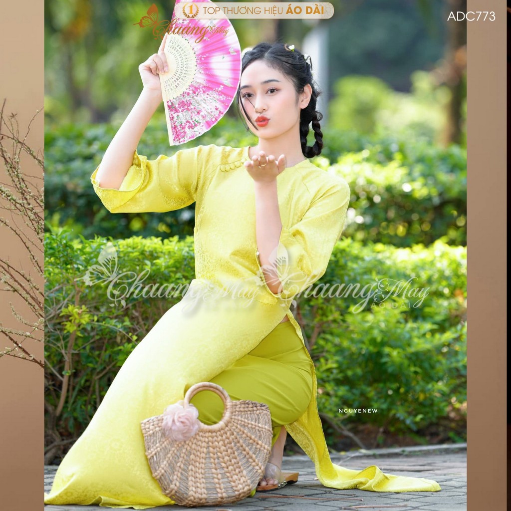 Áo dài cách tân nữ Gấm cúc vải xanh cốm dáng suông xưa Chaang may sẵn áo dài xuông bầu dự tiệc cưới lễ Tết đẹp ADC773