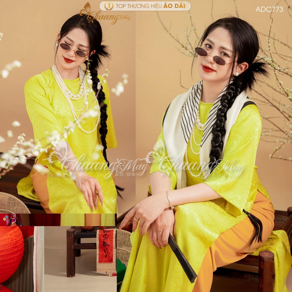 Áo dài cách tân nữ Gấm cúc vải xanh cốm dáng suông xưa Chaang may sẵn áo dài xuông bầu dự tiệc cưới lễ Tết đẹp ADC773