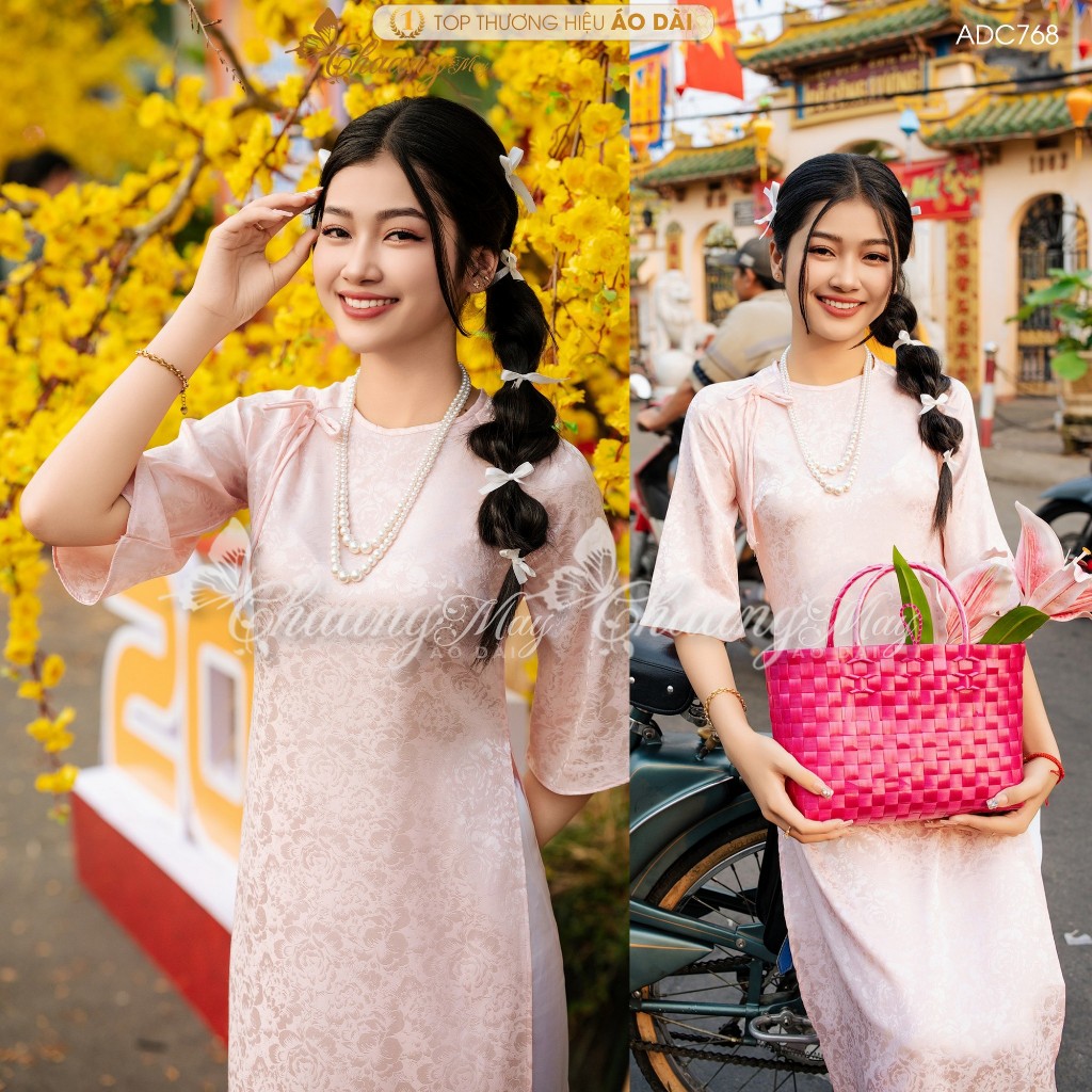 Áo dài cách tân nữ Gấm tơ Nơ hoa hồng dáng suông xưa Chaang may sẵn áo dài xuông rộng dự tiệc cưới hỏi lễ tết đẹp ADC768