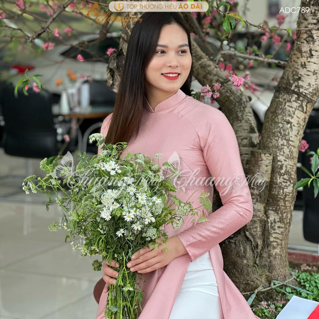 Áo dài lụa vân gỗ xước truyền thống Chaang may sẵn áo dài hồng pastel cô giáo dâu dự tiệc cưới lễ tết xinh đẹp ADC789