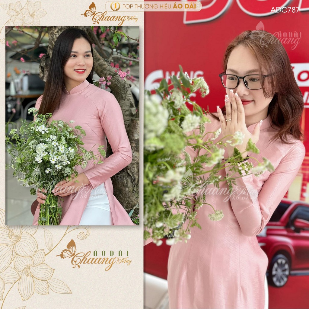 Áo dài lụa vân gỗ xước truyền thống Chaang may sẵn áo dài hồng pastel cô giáo dâu dự tiệc cưới lễ tết xinh đẹp ADC789