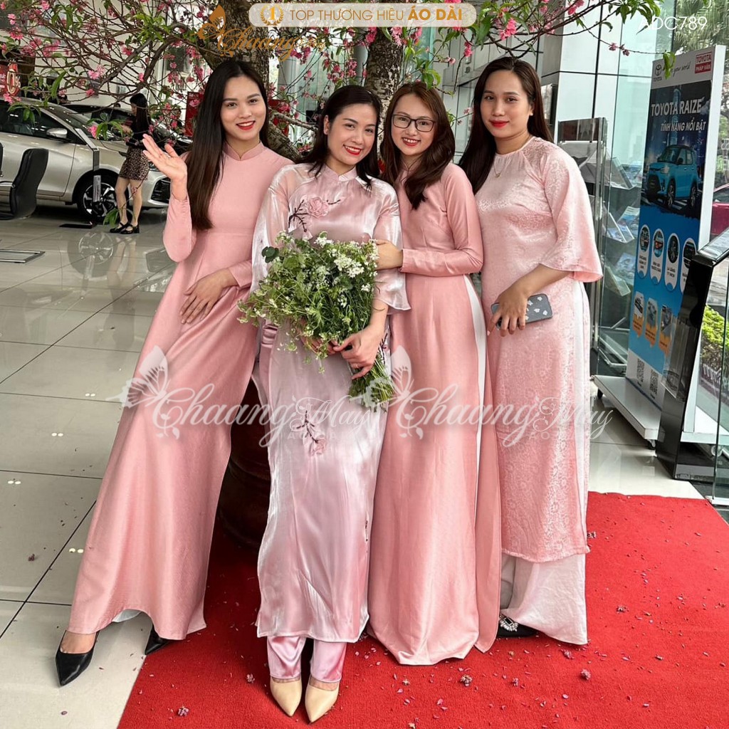 Áo dài lụa vân gỗ xước truyền thống Chaang may sẵn áo dài hồng pastel cô giáo dâu dự tiệc cưới lễ tết xinh đẹp ADC789