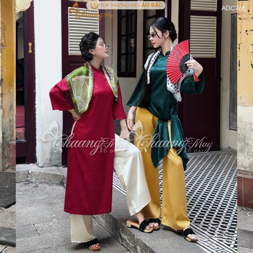 Áo dài cách tân nữ gấm xanh rêu dáng suông xưa đính nơ Chaang may sẵn áo dài xuông bầu dự tiệc cưới lễ tết đẹp ADC766