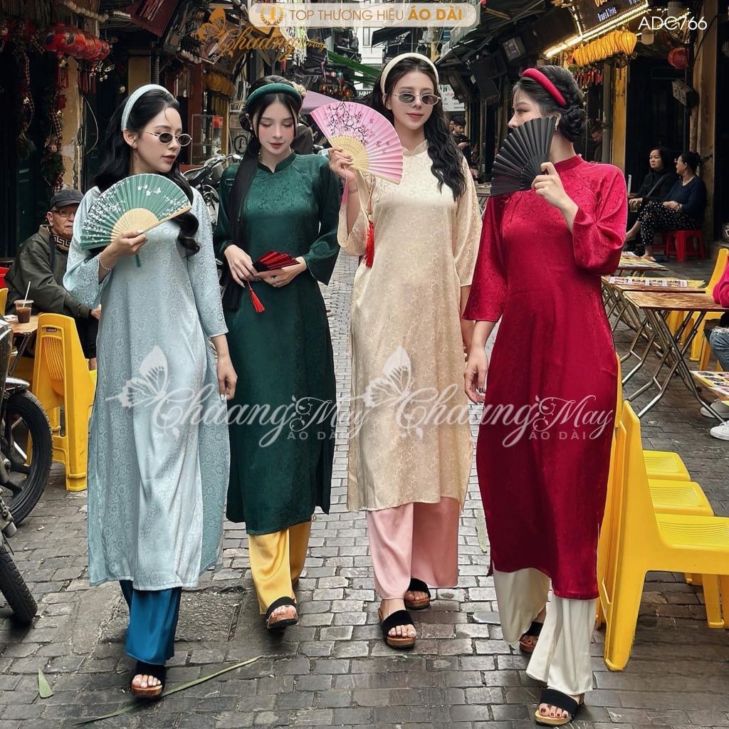 Áo dài cách tân nữ gấm xanh rêu dáng suông xưa đính nơ Chaang may sẵn áo dài xuông bầu dự tiệc cưới lễ tết đẹp ADC766