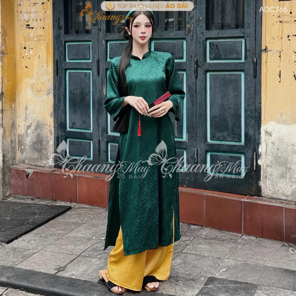 Áo dài cách tân nữ gấm xanh rêu dáng suông xưa đính nơ Chaang may sẵn áo dài xuông bầu dự tiệc cưới lễ tết đẹp ADC766