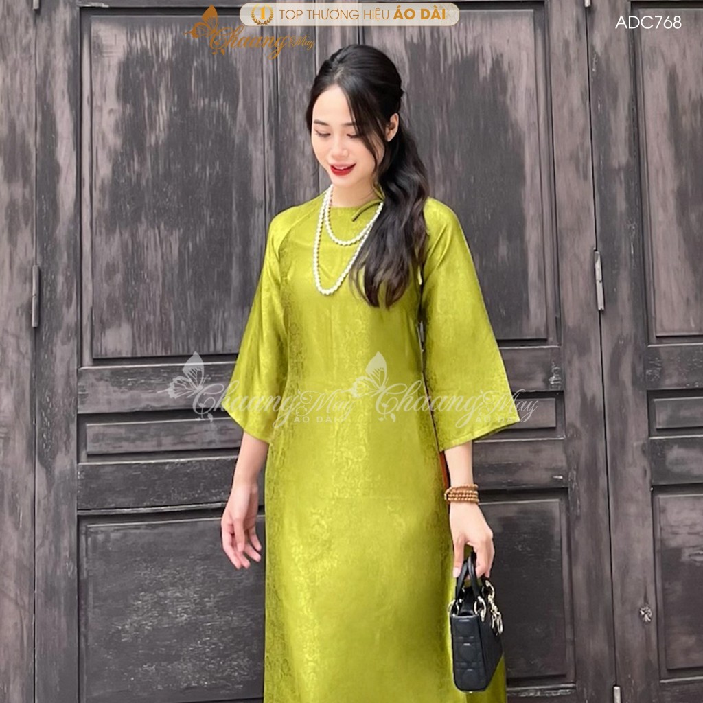 Áo dài Gấm Xanh Rêu cách tân nữ dáng suông xưa Chaang may sẵn áo dài xuông rộng bầu dự tiệc cưới hỏi lễ tết đẹp ADC768