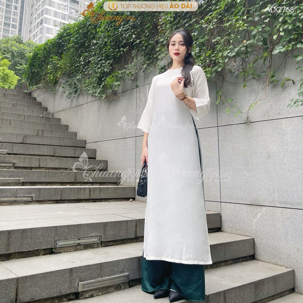Áo dài Gấm Xanh Rêu cách tân nữ dáng suông xưa Chaang may sẵn áo dài xuông rộng bầu dự tiệc cưới hỏi lễ tết đẹp ADC768
