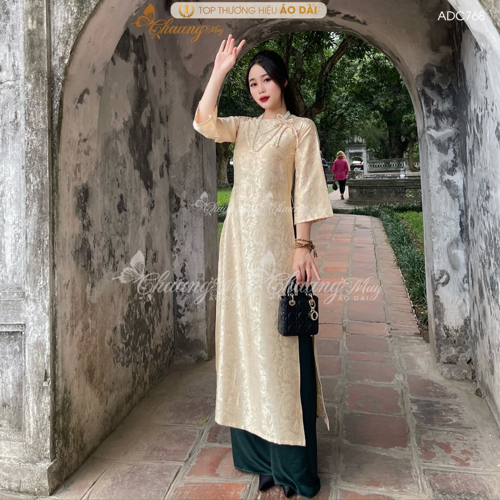 Áo dài Gấm Xanh Rêu cách tân nữ dáng suông xưa Chaang may sẵn áo dài xuông rộng bầu dự tiệc cưới hỏi lễ tết đẹp ADC768