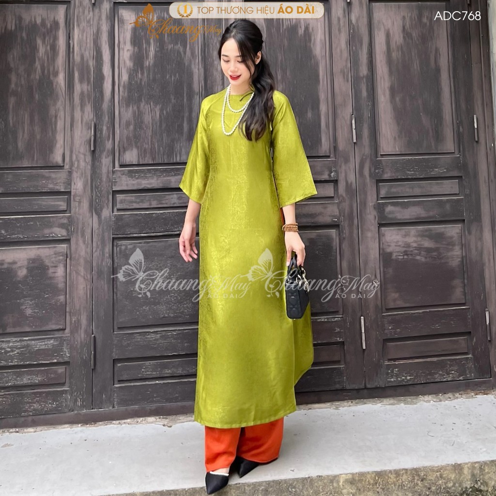 Áo dài Gấm Xanh Rêu cách tân nữ dáng suông xưa Chaang may sẵn áo dài xuông rộng bầu dự tiệc cưới hỏi lễ tết đẹp ADC768
