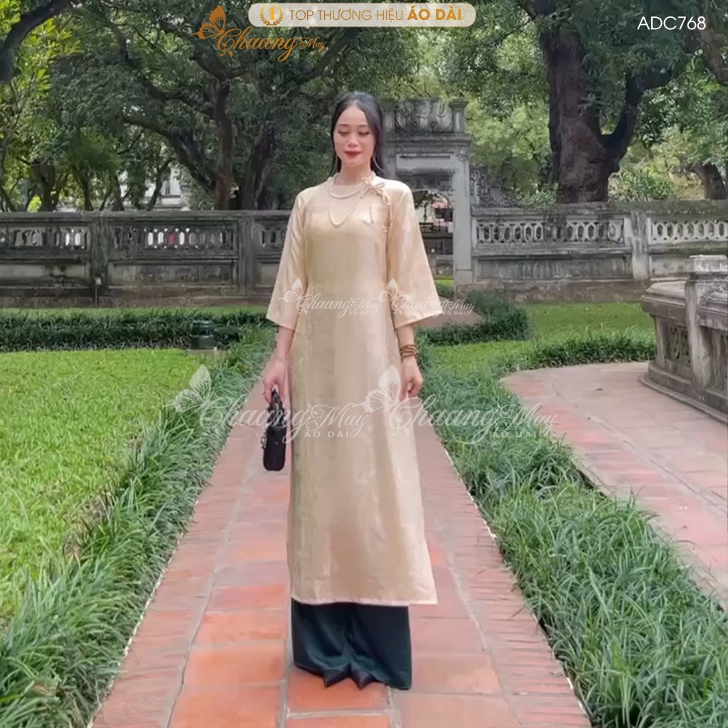 Áo dài Gấm Xanh Rêu cách tân nữ dáng suông xưa Chaang may sẵn áo dài xuông rộng bầu dự tiệc cưới hỏi lễ tết đẹp ADC768