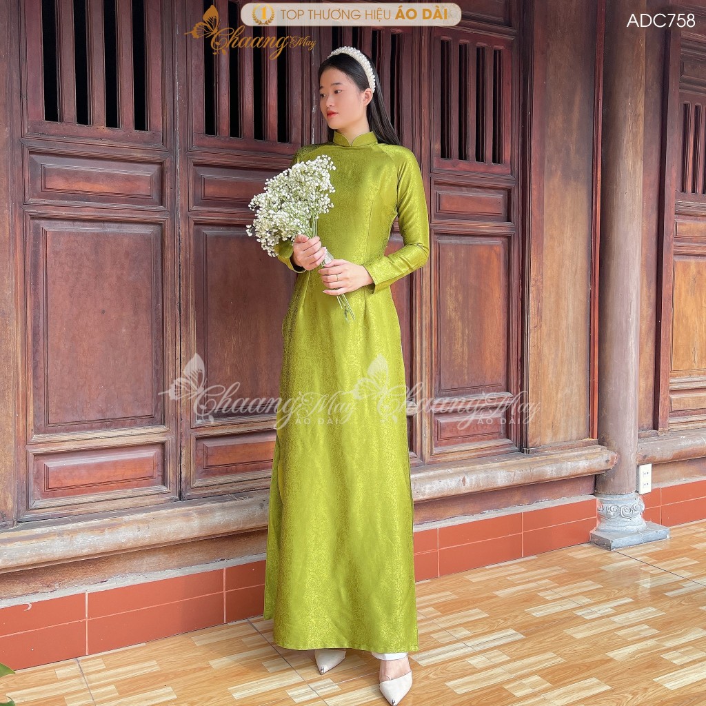 Áo dài cô giáo Hà thành truyền thống Chaang may sẵn áo dài xanh cốm vàng chanh giáo viên dự tiệc đẹp ADC716