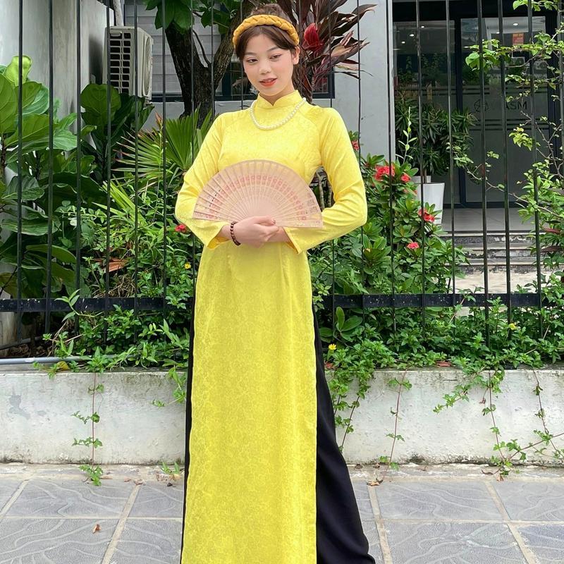 Áo dài cô giáo Hà thành truyền thống Chaang may sẵn áo dài xanh cốm vàng chanh giáo viên dự tiệc đẹp ADC716