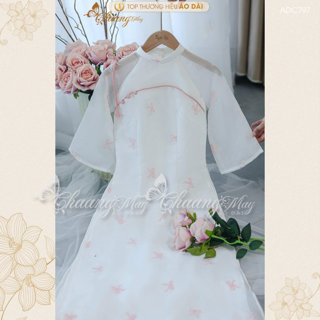 Áo dài cách tân nữ 4 tà thêu hoa nhí Chaang may sẵn áo dài đính cúc xinh dự tiệc cưới lễ Tết đẹp ADC805