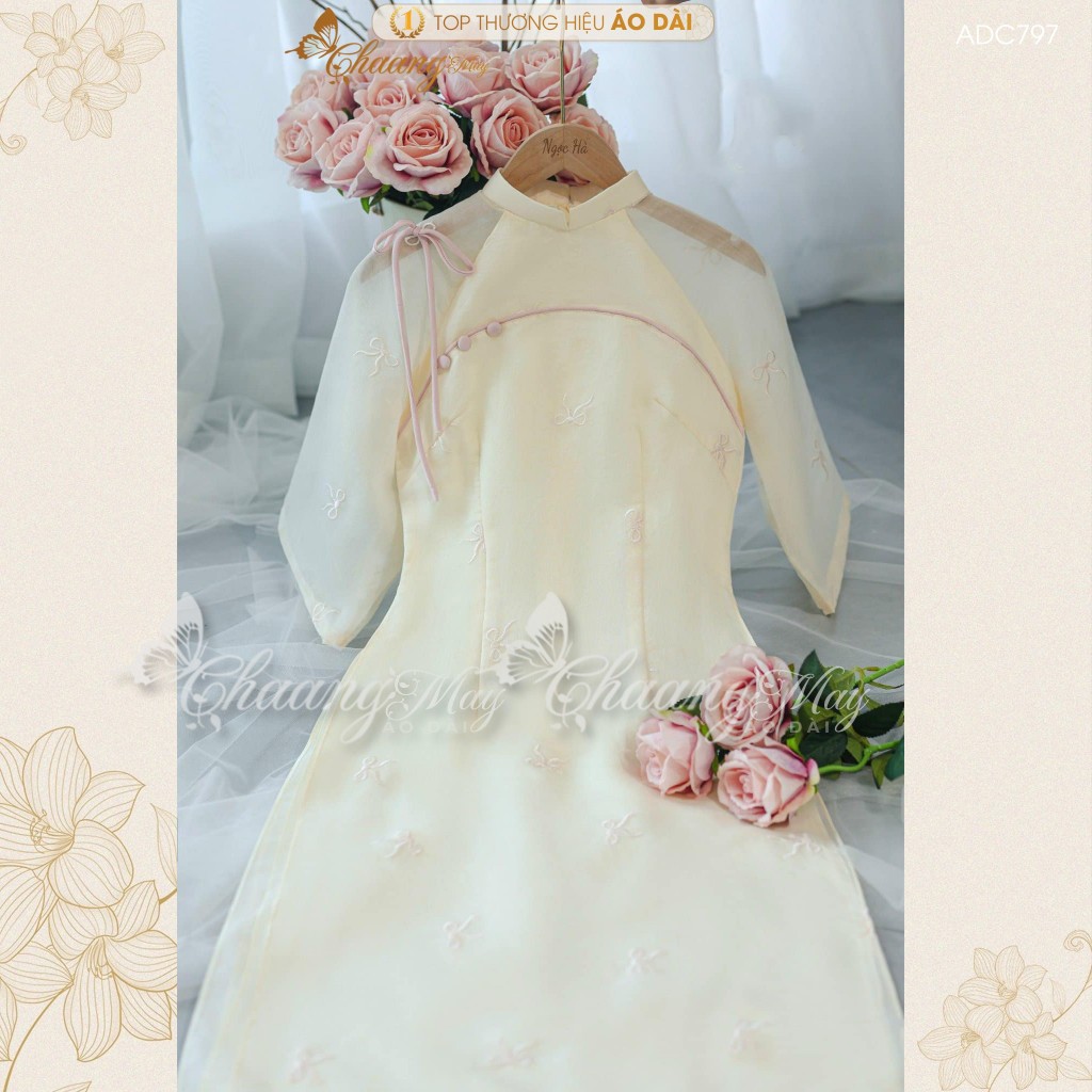 Áo dài cách tân nữ 4 tà thêu hoa nhí Chaang may sẵn áo dài đính cúc xinh dự tiệc cưới lễ Tết đẹp ADC805