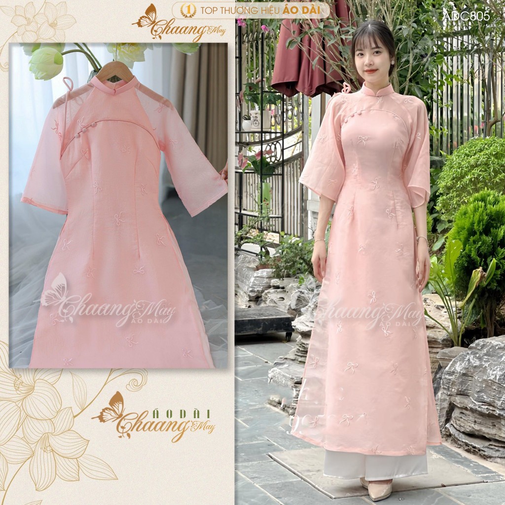 Áo dài cách tân nữ 4 tà thêu hoa nhí Chaang may sẵn áo dài đính cúc xinh dự tiệc cưới lễ Tết đẹp ADC805