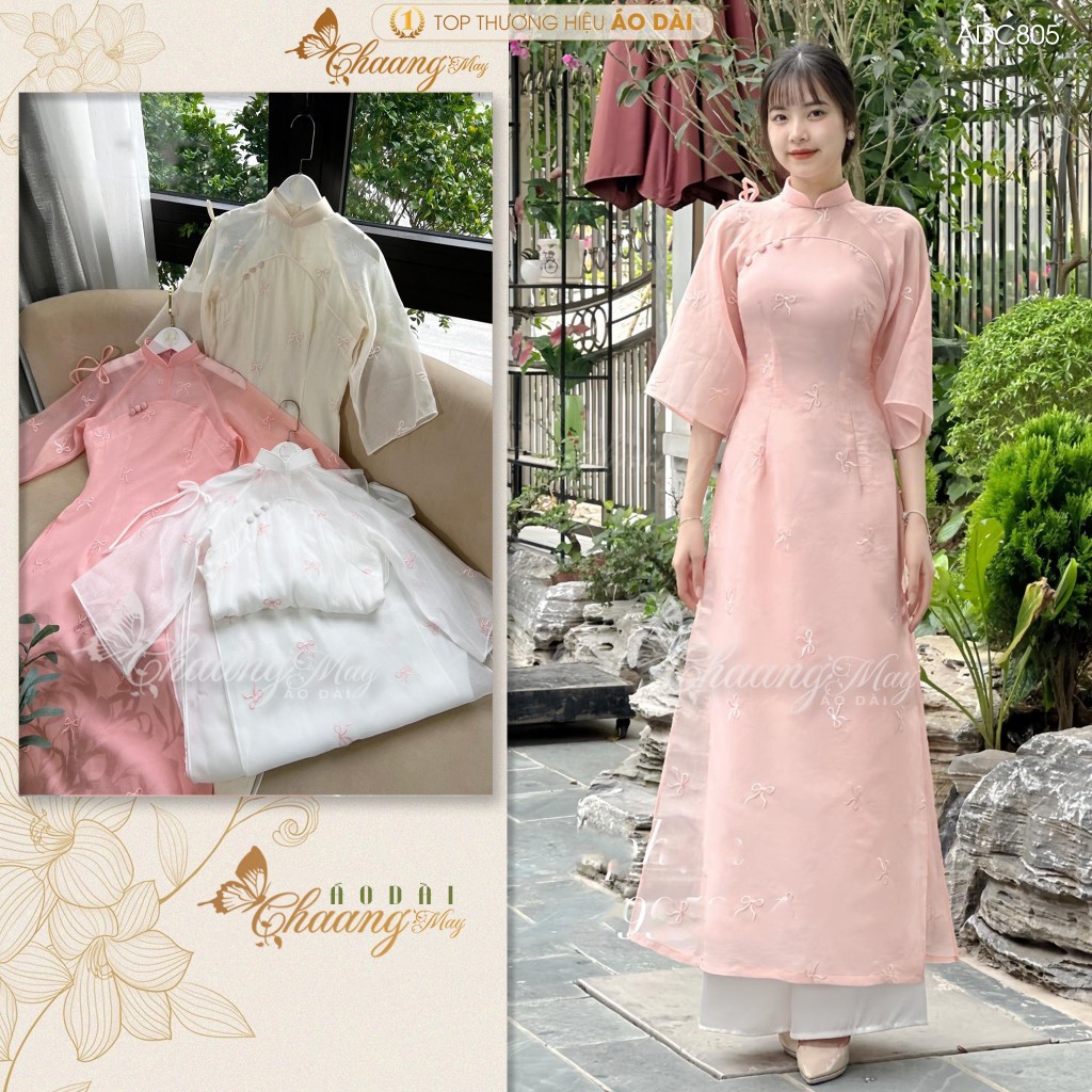 Áo dài cách tân nữ 4 tà thêu hoa nhí Chaang may sẵn áo dài đính cúc xinh dự tiệc cưới lễ Tết đẹp ADC805