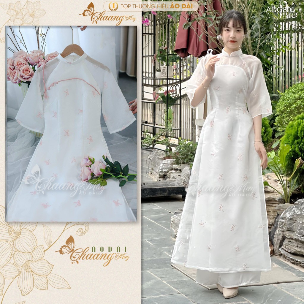 Áo dài cách tân nữ 4 tà thêu hoa nhí Chaang may sẵn áo dài đính cúc xinh dự tiệc cưới lễ Tết đẹp ADC805