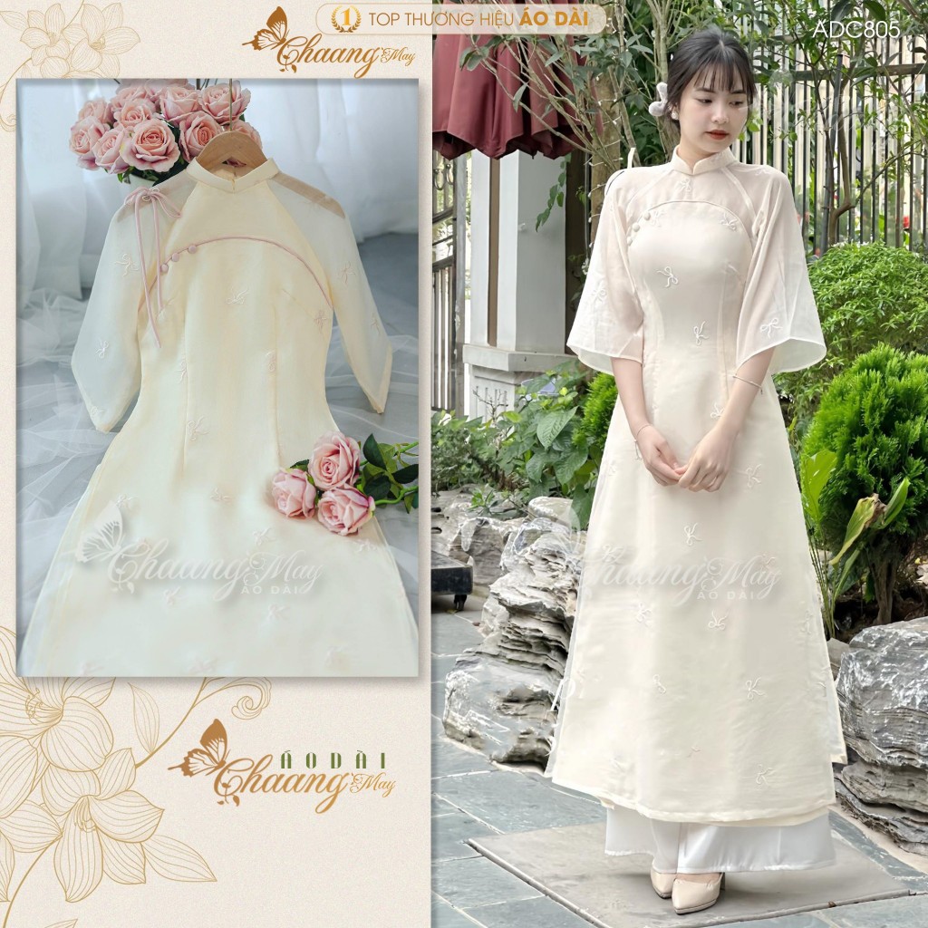 Áo dài cách tân nữ 4 tà thêu hoa nhí Chaang may sẵn áo dài đính cúc xinh dự tiệc cưới lễ Tết đẹp ADC805