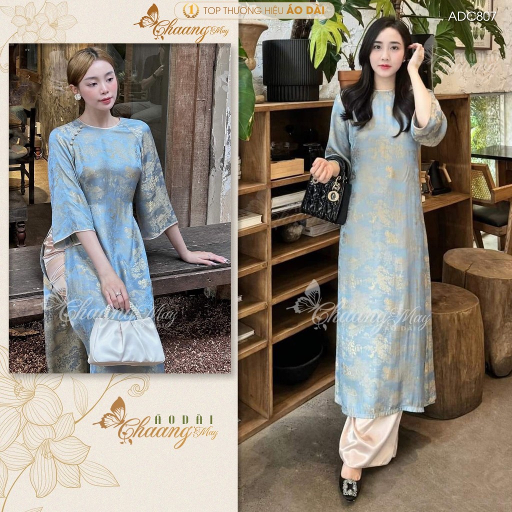 Áo dài cách tân nữ dáng suông xưa gấm lụa Hoa Viên Chaang may sẵn áo dài cưới Như Yên xuông bầu lễ tết đẹp ADC807