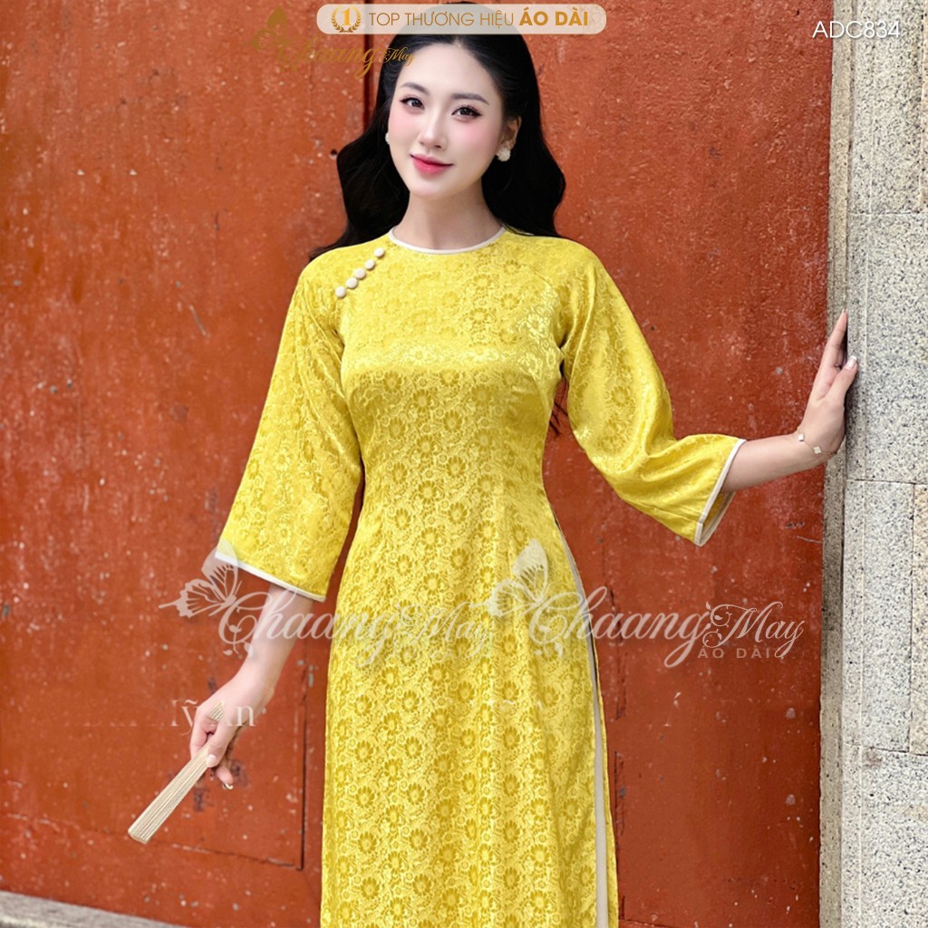 Áo dài cách tân nữ dáng suông CHAANG may sẵn ADC834 áo dài xuông gấm Đào Hạc dự tiệc cưới lễ Tết đẹp