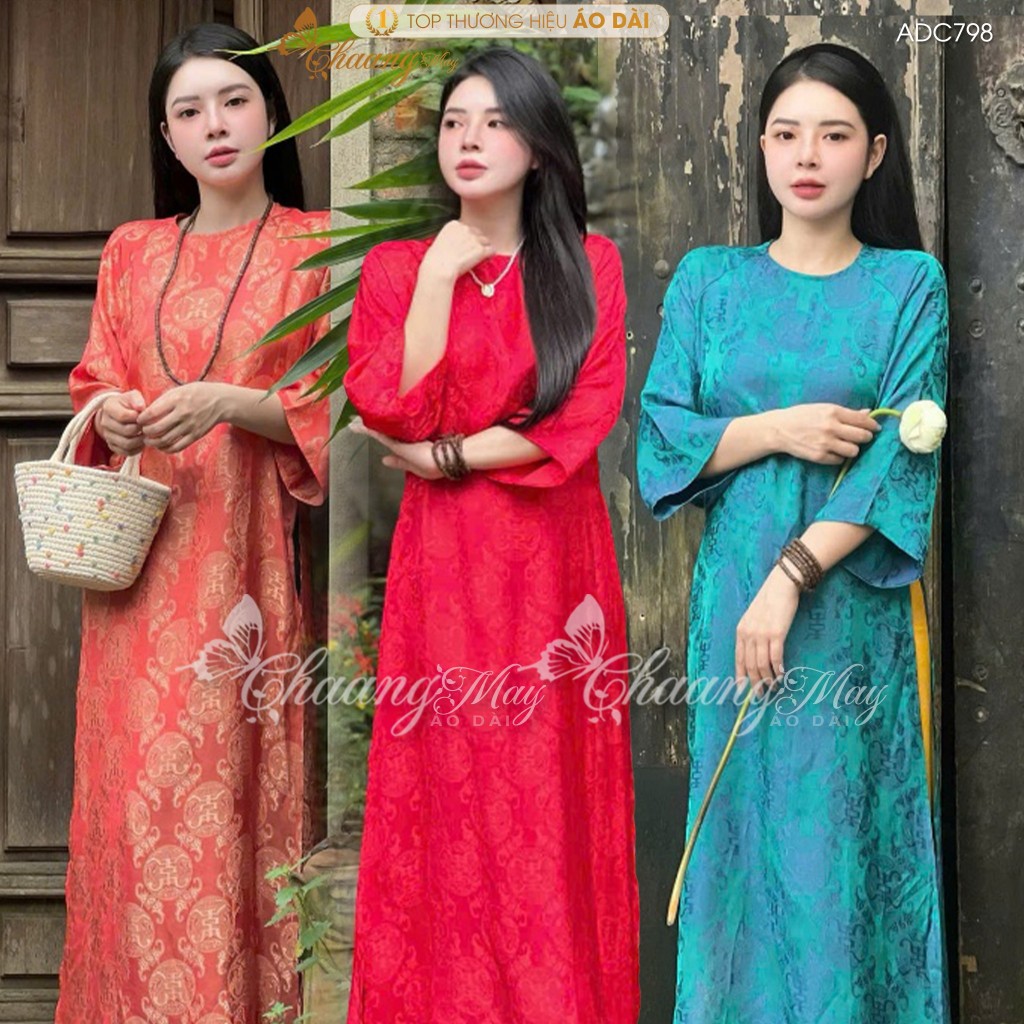 Áo dài cách tân nữ dáng suông gấm thọ dơi không cổ tròn Chaang may sẵn ADC798 áo dài xuông xưa dự tiệc cưới lễ Tết đẹp