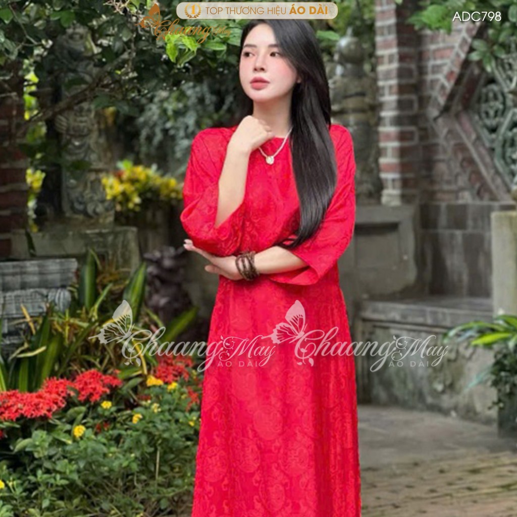 Áo dài cách tân nữ dáng suông gấm thọ dơi không cổ tròn Chaang may sẵn ADC798 áo dài xuông xưa dự tiệc cưới lễ Tết đẹp