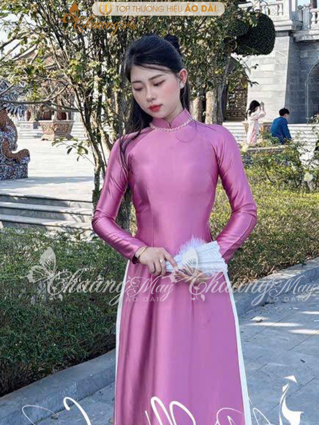 Áo dài truyền thống lụa bóng Ruby Bảo Ngọc CHAANG may sẵn ADC425 áo dài xanh đỏ cổ đính pha lê dự tiệc cưới lễ Tết đẹp