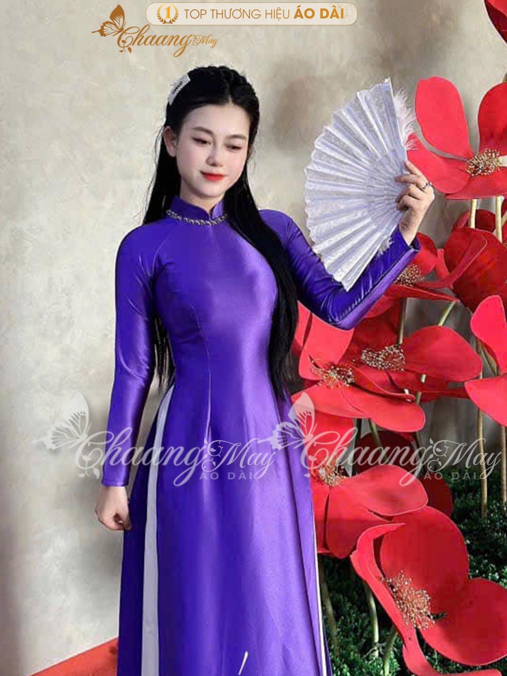 Áo dài truyền thống lụa bóng Ruby Bảo Ngọc CHAANG may sẵn ADC425 áo dài xanh đỏ cổ đính pha lê dự tiệc cưới lễ Tết đẹp
