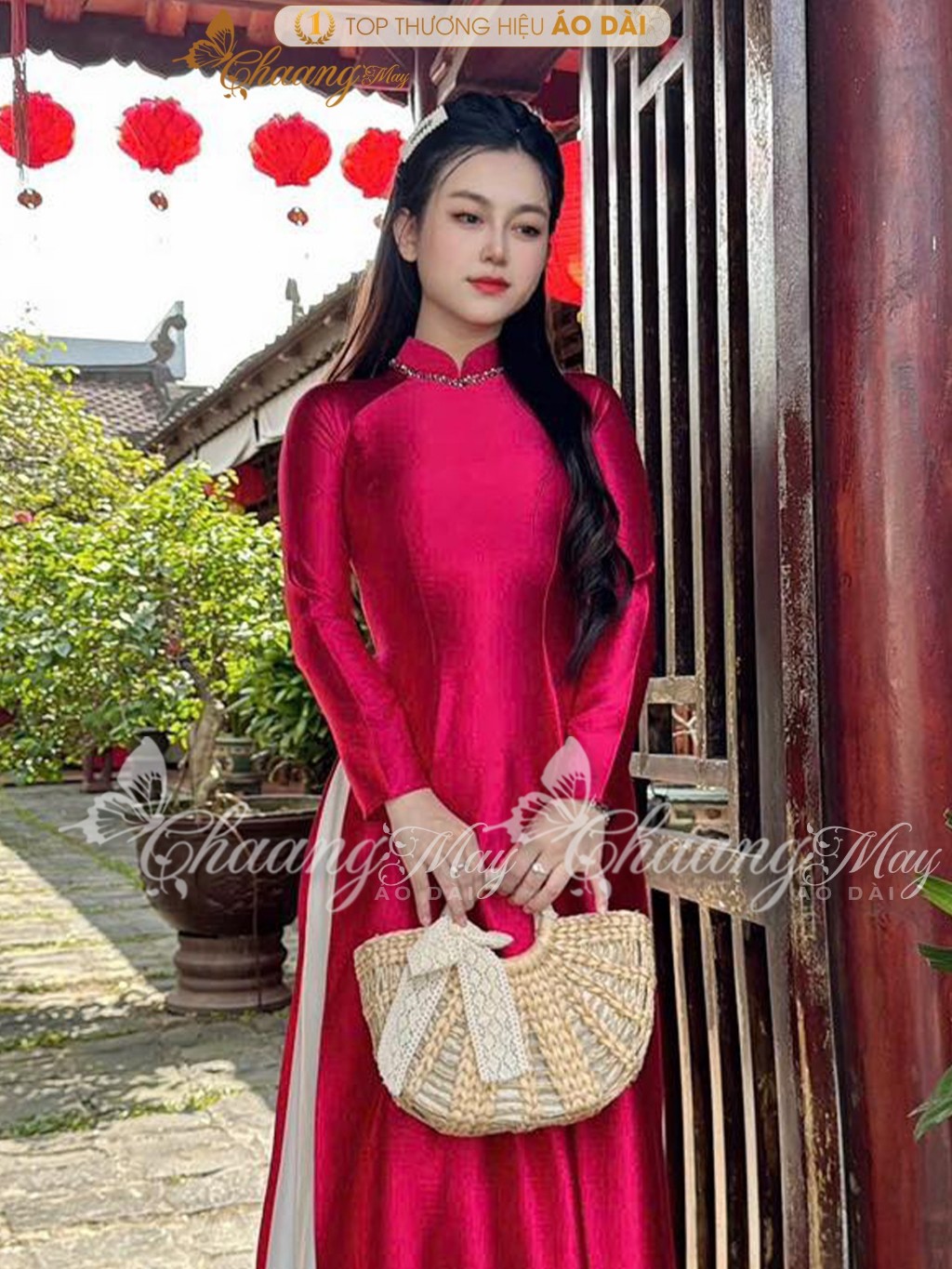 Áo dài truyền thống lụa bóng Ruby Bảo Ngọc CHAANG may sẵn ADC425 áo dài xanh đỏ cổ đính pha lê dự tiệc cưới lễ Tết đẹp