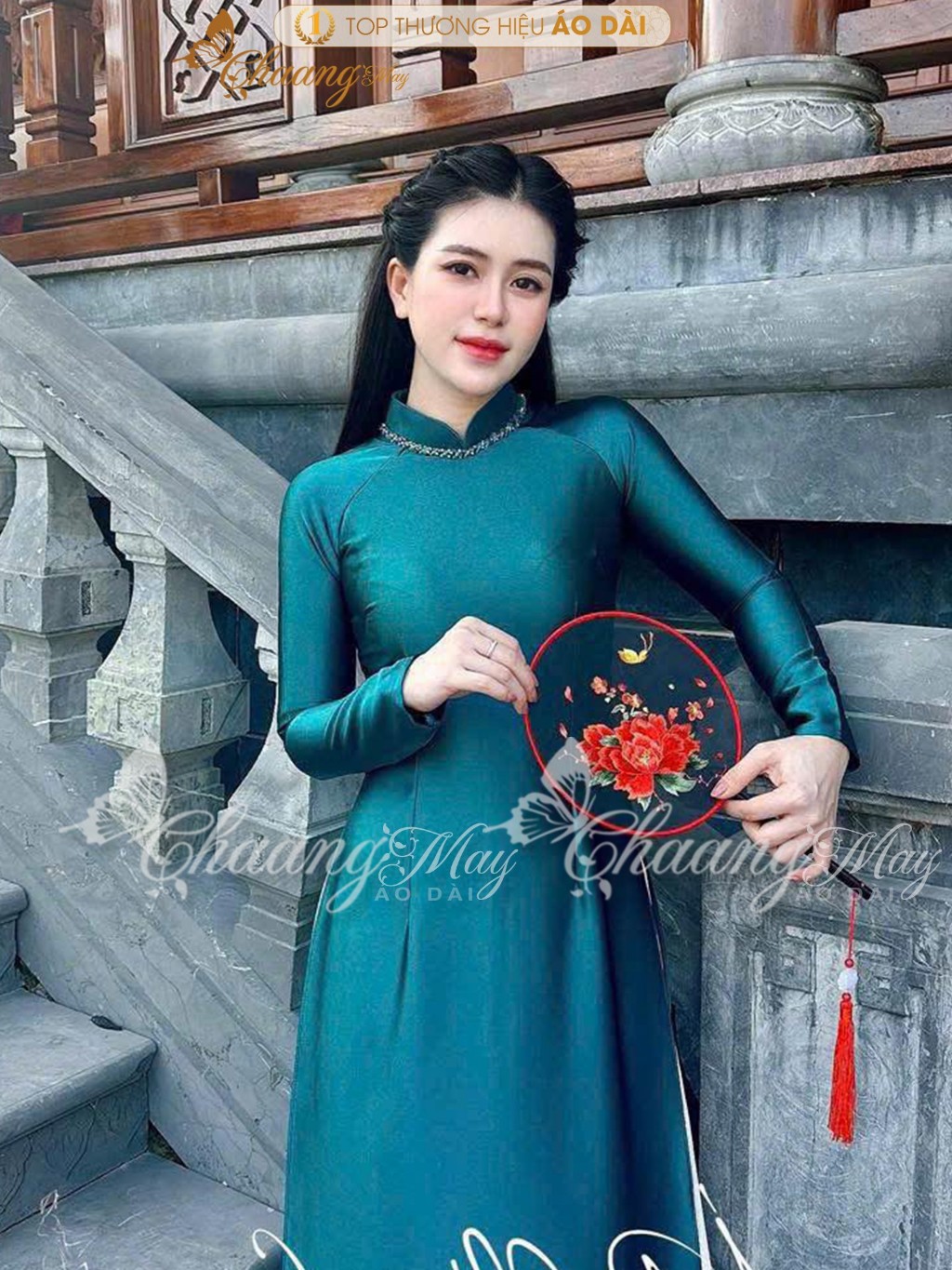 Áo dài truyền thống lụa bóng Ruby Bảo Ngọc CHAANG may sẵn ADC425 áo dài xanh đỏ cổ đính pha lê dự tiệc cưới lễ Tết đẹp