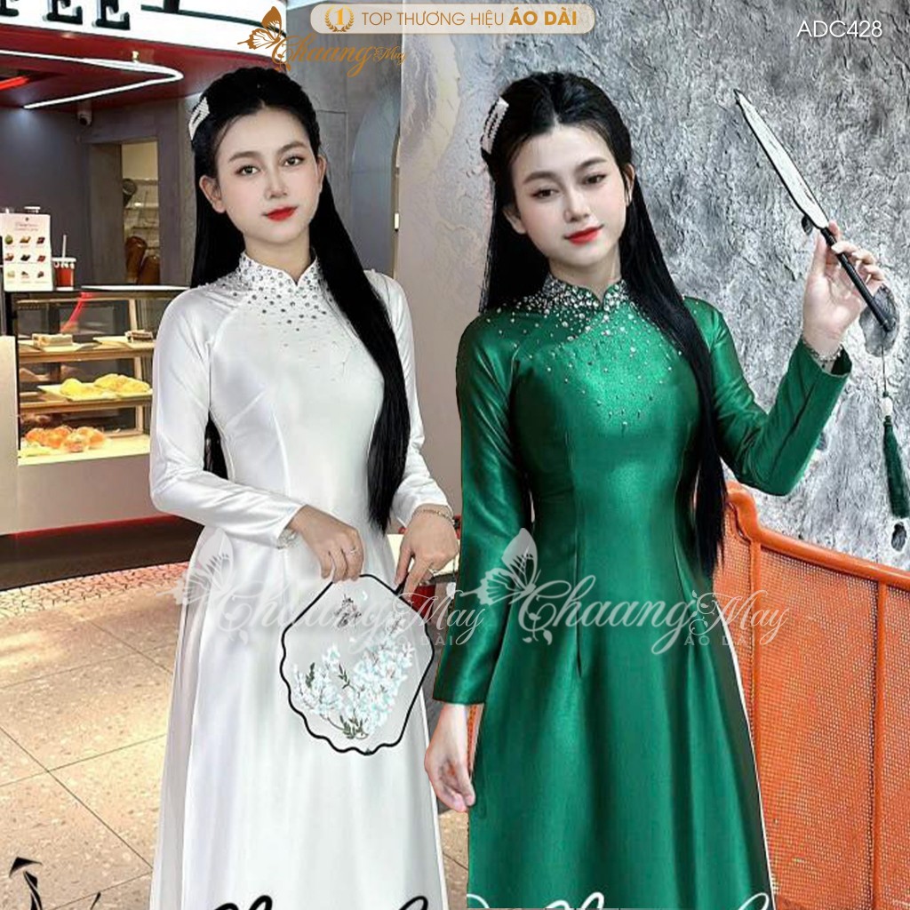 Áo dài truyền thống lụa bóng Ruby Bảo Ngọc CHAANG may sẵn ADC598 áo dài xanh đỏ cổ tủa pha lê dự tiệc cưới lễ Tết đẹp