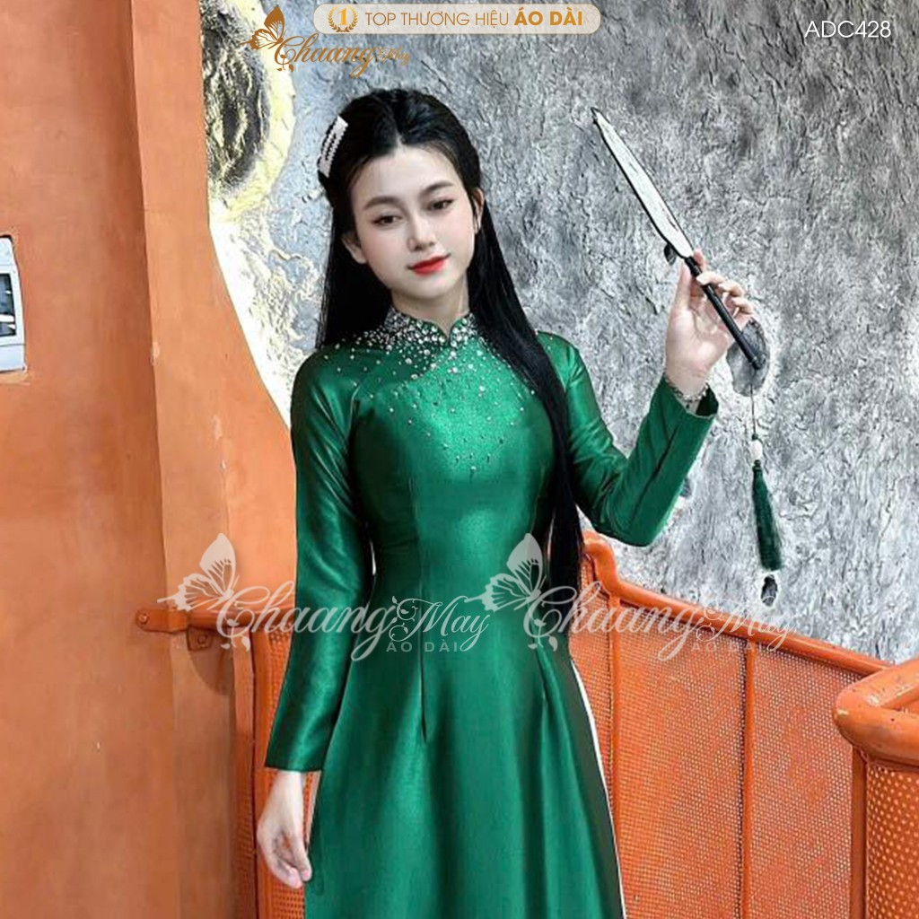 Áo dài truyền thống lụa bóng Ruby Bảo Ngọc CHAANG may sẵn ADC598 áo dài xanh đỏ cổ tủa pha lê dự tiệc cưới lễ Tết đẹp