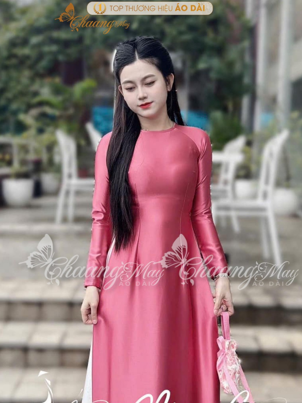 Áo dài truyền thống lụa bóng Ruby Bảo Ngọc CHAANG may sẵn ADC426 áo dài giáo viên cổ tròn dự tiệc cưới lễ Tết đẹp