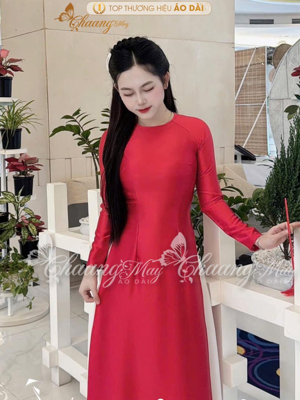 Áo dài truyền thống lụa bóng Ruby Bảo Ngọc CHAANG may sẵn ADC426 áo dài giáo viên cổ tròn dự tiệc cưới lễ Tết đẹp