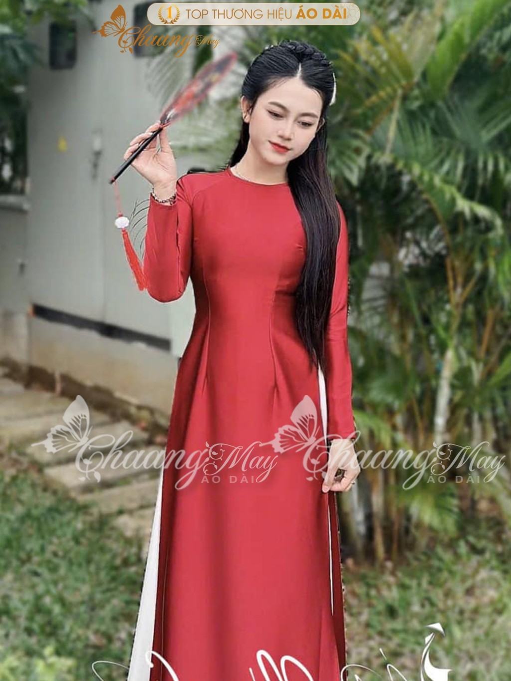 Áo dài truyền thống lụa bóng Ruby Bảo Ngọc CHAANG may sẵn ADC426 áo dài giáo viên cổ tròn dự tiệc cưới lễ Tết đẹp